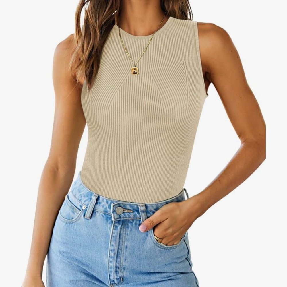 Sleeveless Ribbed Knit Top - Tan